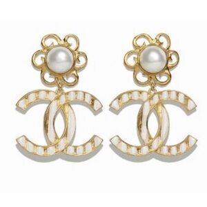 Chanel Authentic Gold and White Metal & Glass Pearl Earrings NEW